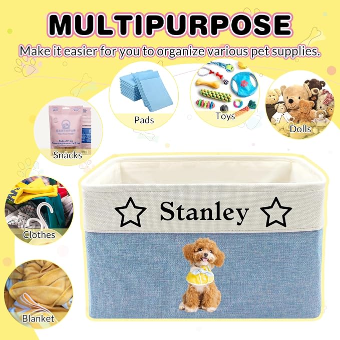 Personalized Dog Toy Storage Basket with Photo Name | Custom Dog Food Organizer Fabric Bins for Clothes Blankets Dolls-Pink