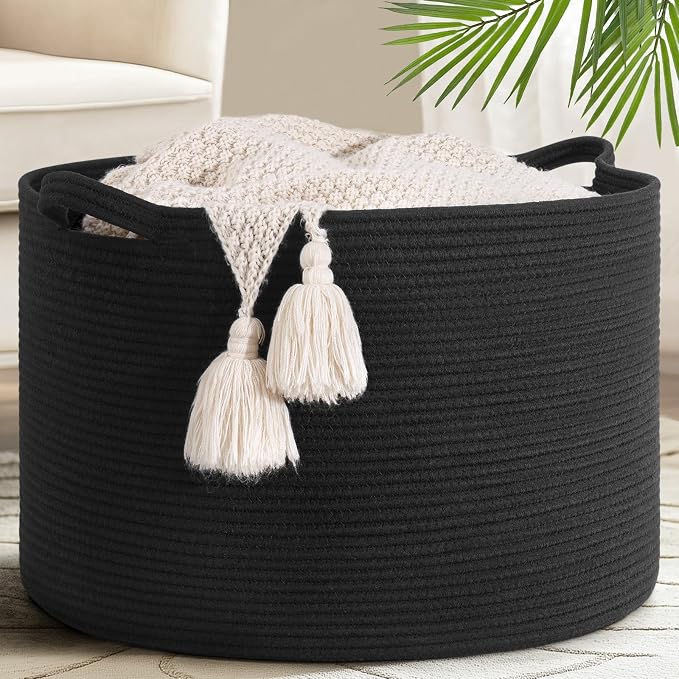 Goodpick Large Woven Dirty Clothes Basket for Nursery & Living Room, 65L | 19.7 x 19.7 x 12.6 In Storage Basket for Nursery, Blanket Basket for Towels Clothes,,Black