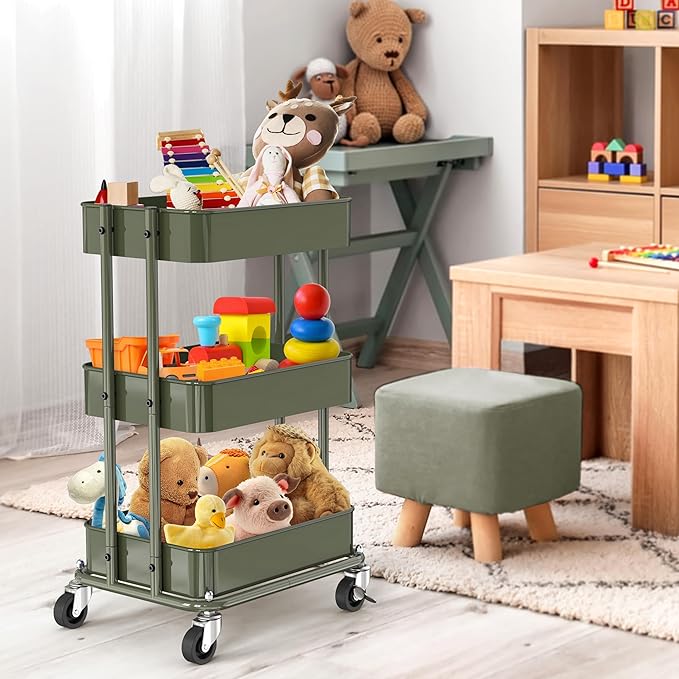 Simple Houseware 3-Tier Utility Cart, Low 24" Height Fits Under Desk, Green | Compact & Lower Height Great for Under-Desk Space-Saving Storage for Home Office, Dining Room, or Kitchen