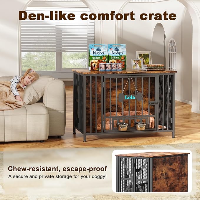 Easycom Foldable Large Dog Crate Furniture, 41.3" Assembly-Free Dog Crates for Large Dogs, Wooden Dog Kennel Indoor with Tag & Dog Bowls, Dog Cage Use as TV Stand, Rustic Brown | Foldable Large Dog Crate Furniture for Large Dogs, Wooden Dog Cage Use as...