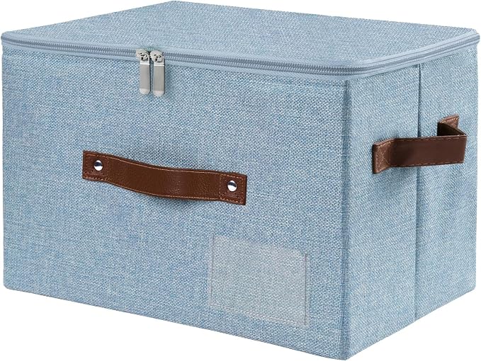 ANMINY Storage Box Fabric Bins with Zipper Lid, 15"x10"x10" Blue | Keepsake Box, Decorative, Cotton Linen, Reinforced PP Board Frame, Washable, Stackable & Foldable, Label Holder & PU Handles