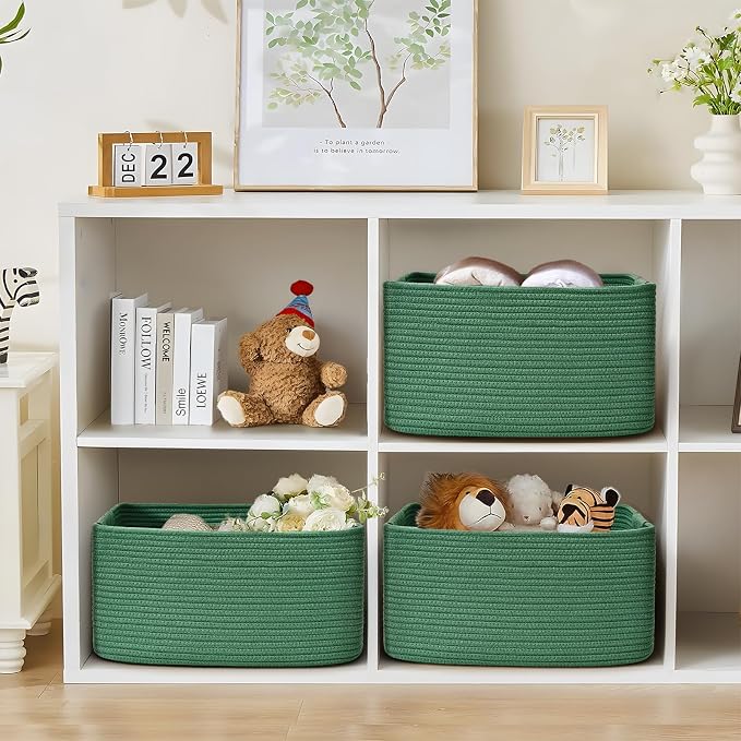 4 Pack Large Storage Basket for Organizing, 17.5"x13"x7" Woven Basket for Shelves, Closet Cube Storage Bins with Wrapped Handle, Cotton Rope Baskets for Kitchen, Clothes, Toys(Green)