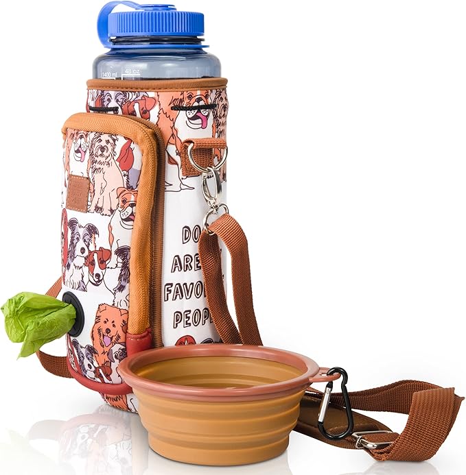 Made Easy Kit Water Bottle Carrier with Pocket for Dog Poop Waste Bags and Adjustable Padded Shoulder Strap (Tall & Large (40oz) with Bowl, Dog Lover, Brown)