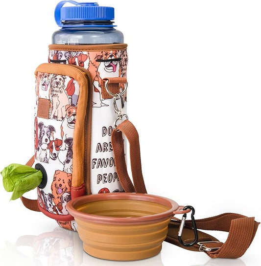 Made Easy Kit Water Bottle Carrier with Pocket for Dog Poop Waste Bags and Adjustable Padded Shoulder Strap (Tall & Large (40oz) with Bowl, Dog Lover, Brown)