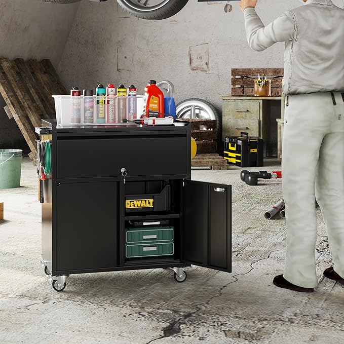 Metal Garage Storage Cabinet with Wheels, Rolling Tool Cabinet with Adjustable Shelf, 1 Drawer and 2 Doors for Tools, Garage,Workshop, Black, Assembly Required
