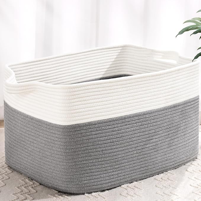 Large Blanket Basket, 60L Storage Baskets for Organizing, Woven Laundry Basket for Blankets, Cotton rope Blanket Storage for Living Room, Nursery Room, 19.7" L x 15.74" W x 11.8" H, Gray
