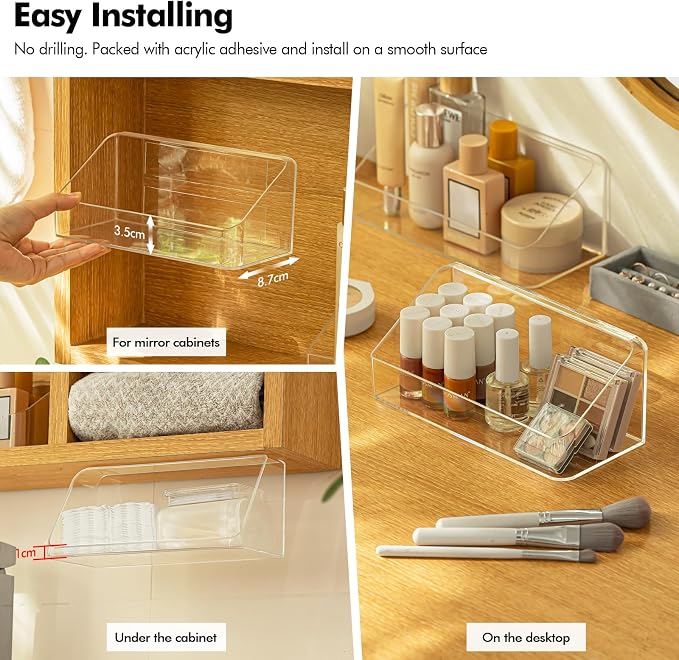 Poeland 2 Pack Medicine Cabinet Shelves Organizer, Wall Mounted Storage Organizer, Clear Storage Box for RV Bathroom, Bedroom, Mirror Cabinets (Transparent)