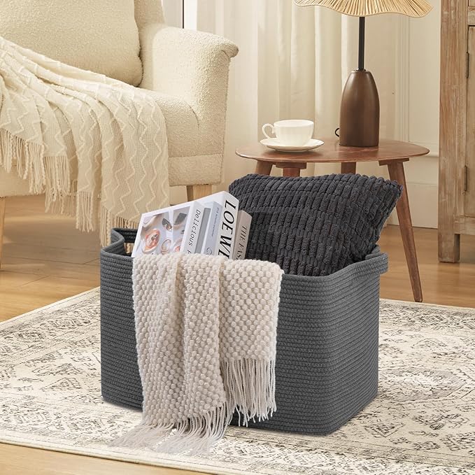 OIASKET 95L Extra Large Blanket Basket, 24" x 16.9" x 14.2" Woven Storage Basket for Living Room, Nursery Blanket Storage for Toys, Towels, Dirty Clothes (Grey)