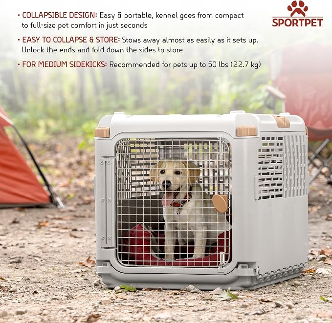 SportPet Designs Collapsible Medium Pet Travel Carrier (Tan), Hard-Sided Kennel for Medium Dogs, Puppies, Cats, Kittens, Animals up to 50lbs, Washable Home & Outdoor Pet Crate, 30.6"L x 22"W x 23.25"H