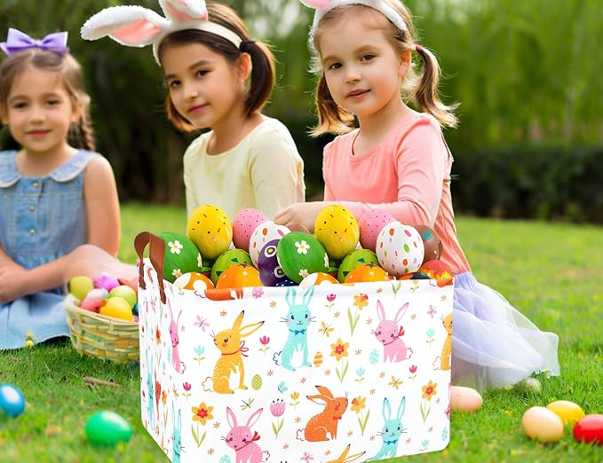 Large Rectangular Easter Baskets Empty Waterproof Boy Toy Box Foldable Kid's Gifts Storage Bin Spring Room Decor(Flower Rabbit Egg)