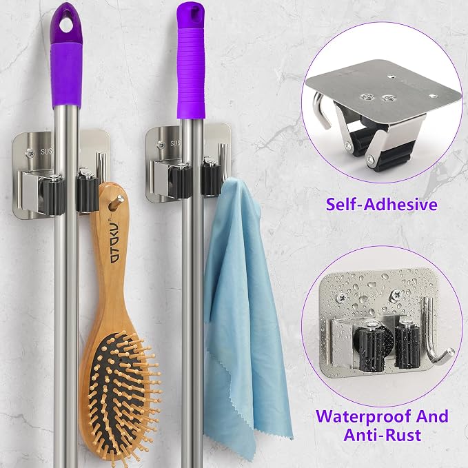 Broom Holder Wall Mount Rack, 304 Stainless Steel Mop and Tool Organizer | Drill-Mounted Gripper Rack Holds Brooms, Mops and Garden Tools Safely in the Laundry Room, Kitchen, Garage, Garden and Shed