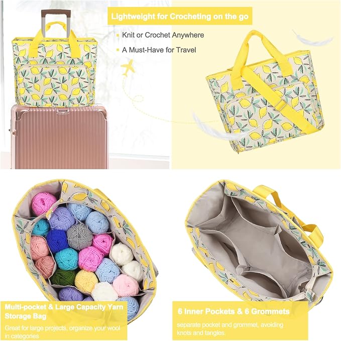 Katech Yarn Storage Bag Large Capacity Crochet Bag Organizer for Crocheter | Yarn Organizer Crochet Tote Bag for Carry Projects Crochet Supplies Knitting Accessories, Yarn Storage Bag w/ Shoulder Strap