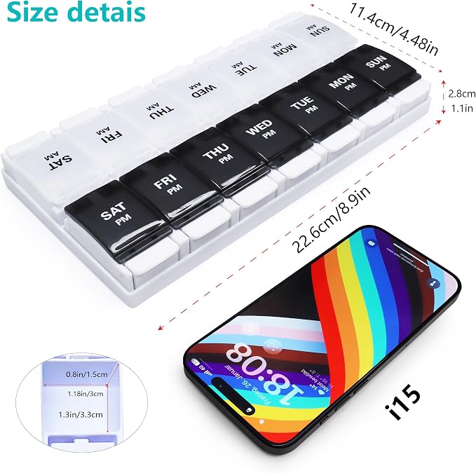 Large Pill Boxes and Organizer 2 Times a Day, MOLN HYMY 7 Day AM PM Pill Case, 14 Compartments Pill Dispenser to Hold Big Vitamin Supplements Fish Oil (Black+White)