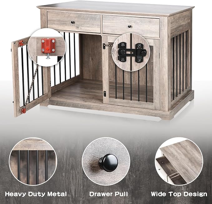LEMBERI 44-inch Wooden Dog Crate with 2 Storage Drawers, End Table, Grey | Indoor wooden dog kennel with decorative finish. Also use as pet cage, dog house, or side table. Sturdy for large breeds