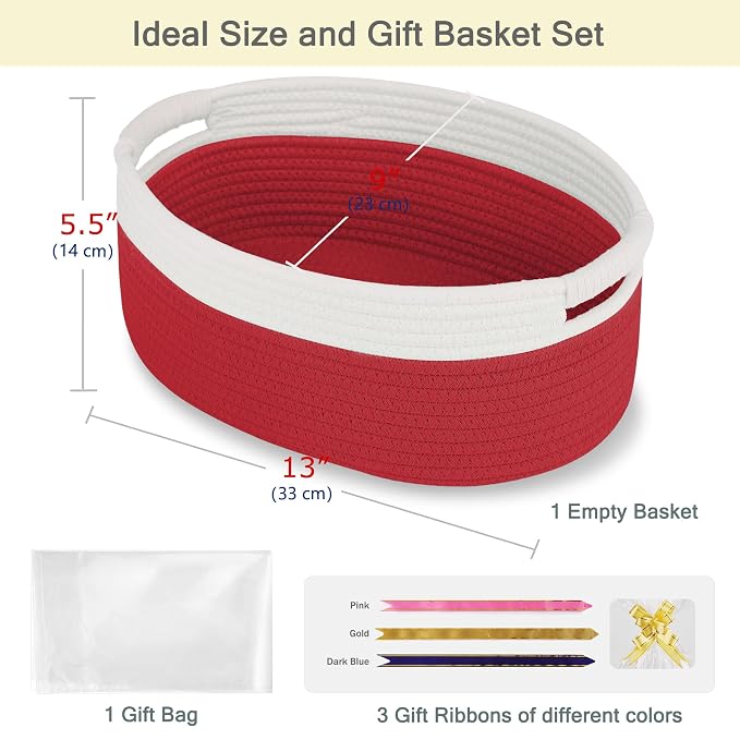 Small Woven Gift Basket with Bag & Ribbons, Red | Cotton Rope, 13”x 9”x 5.5”, Fits for Kids, Women & Men, Bedroom, Living Room, Nursery & Bathroom Storage, Cat & Dog Toy Boxes