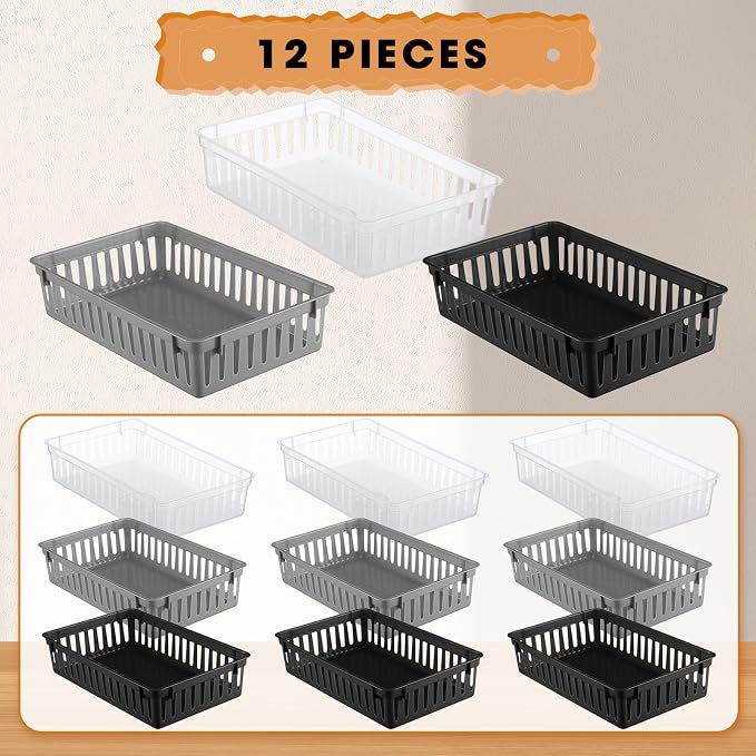 Wenqik Set of 12 Small Plastic Baskets for Organizing, Black,Gray,Clear