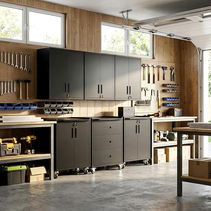 Garage Cabinet System | Heavy Duty Steel All-in-One Modular Garage Cabinet Set for Ultimate Workshop Organization | Easy Assembly Garage Storage Cabinets & Tool Bench