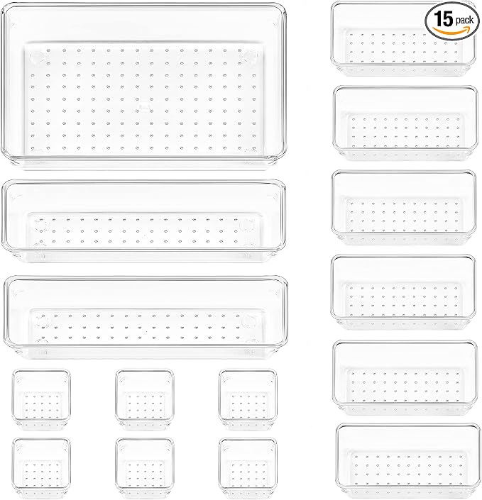 Vtopmart 15 PCS Clear Plastic Drawer Organizers Set, Vanity Organizer Trays | 4-Size Versatile Makeup Organizer, Non-Slip Storage Containers for Makeup, Jewelries, Bedroom，Kitchen Utensils and Office