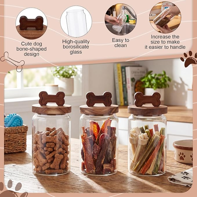 3 Pcs Glass Dog Treat Container, Dog Cookie Jar with Wood Lid | 3.54 x 5.91 Inch, Airtight Pet Treat Food Storage Container, for Countertop, Treats Canister, Doggie Cookie, Pets