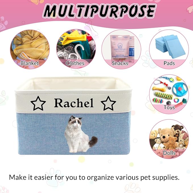 Personalized Dog Toy Basket Collapsible Storage Organizer Bin with Custom Pet Name Photo Foldable Canvas Box for Toys, Treats, Leash, Clothes Blankets Portable Handle Design