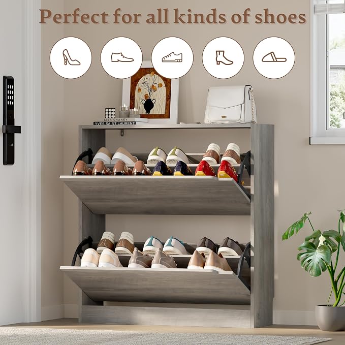 BORNOON Shoe Cabinet with 2 Flip Drawers, Slim Narrow Shoe Storage Cabinet, Freestanding Shoe Organizer with Adjustable & Removable Shelves, Top Display Shelf for Entryway, Hallway, Foyer, Closet