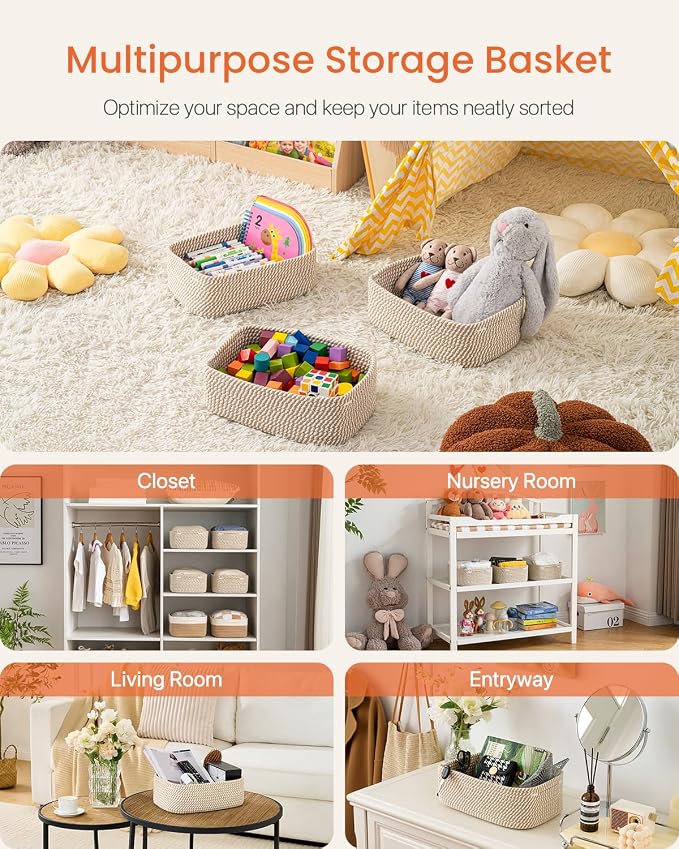 KALLAX Small Woven Storage Basket for Organizing, 12 x 8 x 4.5 inch, 3 Pack | Shelf baskets for closet organization, toy storage and home decor, Perfect as empty gift baskets for holidays, Brown
