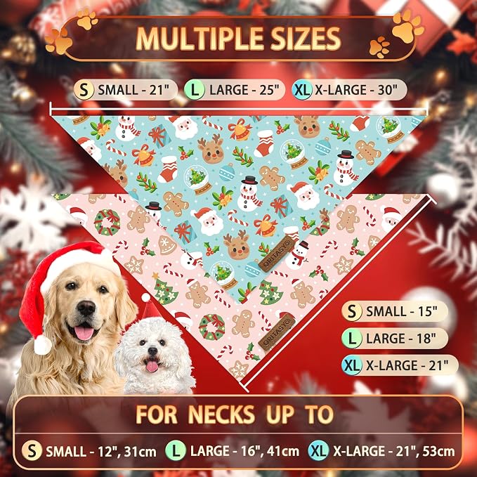 Pink Christmas Dog Bandanas, 2-Pack Triangle Reversible Snowman Gingerbread Man Pet Scarves, Premium Fabric, Santa Claus Bandana for All Boys Girls Dogs (Small, Style 1)