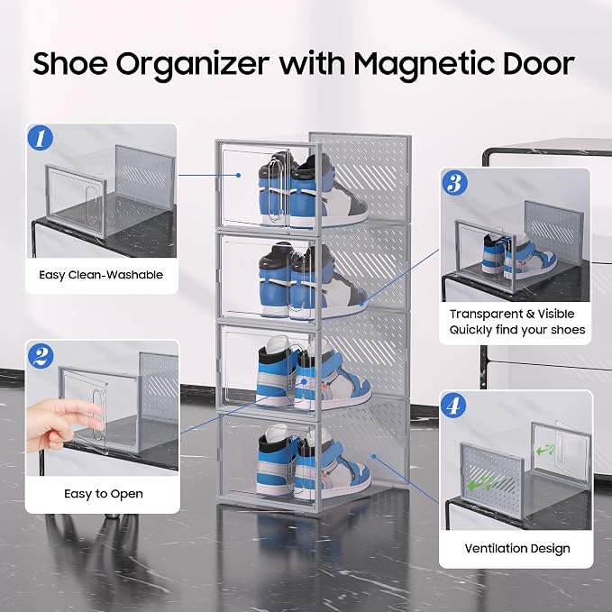 Large Shoe Organizer Storage Box with Magnetic Door,12 Pack Clear Plastic Stackable Sneaker Containers for Closet, Connect Left and Right Shoe Box for Entryway, Drop Front, Under Bed (Grey)