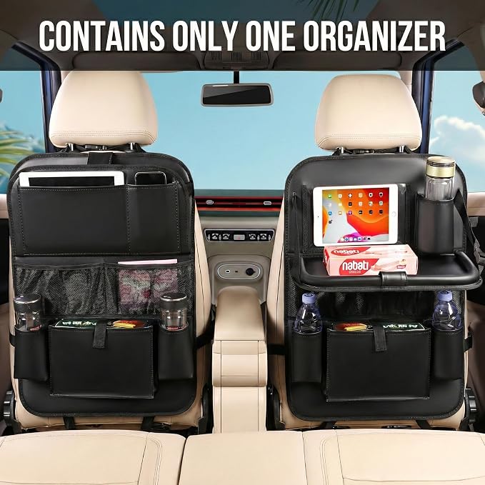 Leather Car Backseat Organizer with Tablet Holder - 9 Large Storage Pockets, Foldable Food Tray & Anti-Scratch Kick Mats - Universal Car Seat Protector for Kids, Pets & Travel Accessories 1 Pack