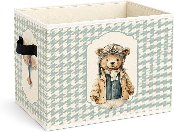 Airplane Bear Storage Bin, Pilot Teddy Plaid Foldable Fabric Basket | Cute pilot teddy bear fabric organizer for nursery, bedroom, playroom, toys, books, and clothes