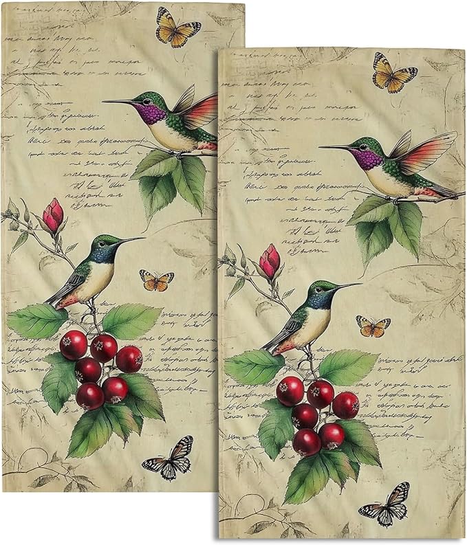 Giwawa Hummingbird Butterfly Hand Towels Set of 2 Vintage Floral Fingertip Bathroom Towels Soft Absorbent Wash Cloth for Kitchen Gym Hotel Decor