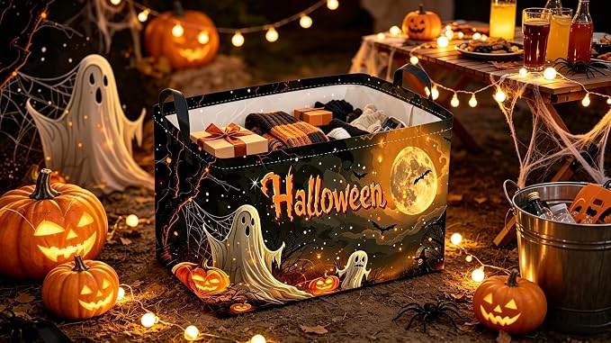 Sanjiaofeng Rectangular Halloween Ghost Storage Basket,Trick or Treat Halloween Basket for Kids,Halloweens‌ Party Candy Gift Baskets(Mysterious Ghost)