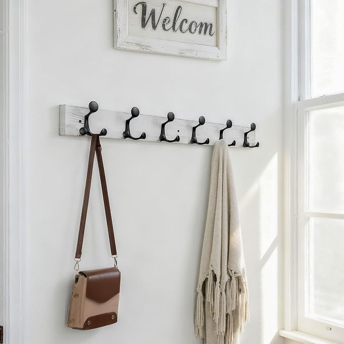 SKOLOO 36-Inch Wood Coat Rack Wall Mount with 6 Triple Hooks - Ideal for Family Entrances, Classrooms, and Pet Supplies Storage - Distressed White Wash