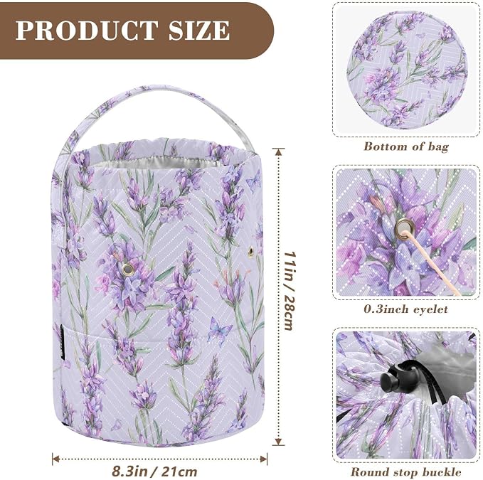 Fustylead Watercolor Vintage Lavender Flowers Knitting Crochet Bag, Portable Large Yarn Storage Drawstring Basket Organizer for Crocheting Hooks, Project, Store Skein Ball, Short Knitting Needle