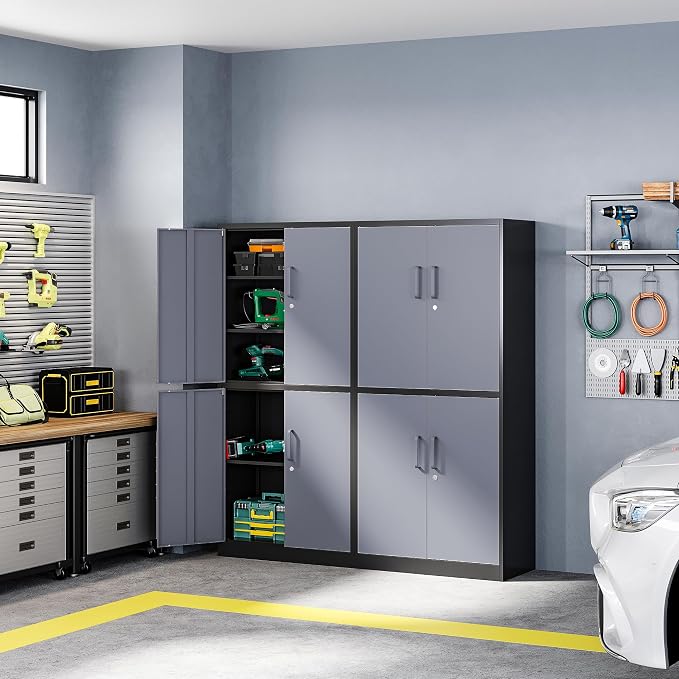 Metal Storage Cabinets with Lock Door and Shelves, Steel Garage Tool Cabinets for Home,Office, Warehouse,Lockers(71"-Black Gray)