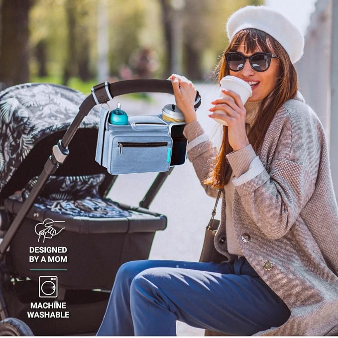 Swanoo Stroller Caddy Organizer, Cup Holder, Wipes Pocket, Non-Slip, Blue