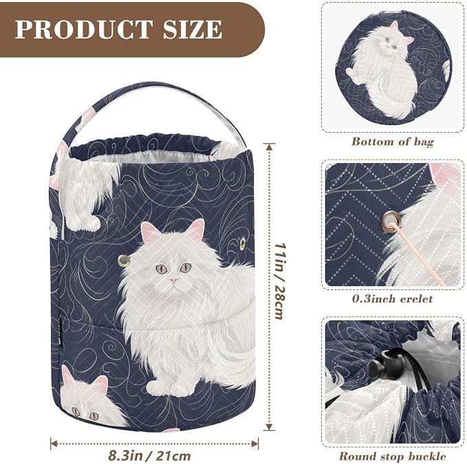 Fustylead Cute White Persian Cat on Dark Background Large Yarn Storage Tote Basket, Knitting Crochet Drawstring Organizer Bag for Crocheting Project, Yarn Balls, Needles Accessories