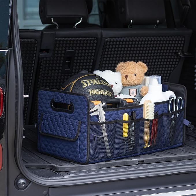Car Trunk Organizer for SUV, Collapsible Car Storage Organizer Dark Blue | Sturdy, Large Capacity, Diamond Decor, Multi Compartment Container Box Adjustable Car Accessories for Sedan Truck