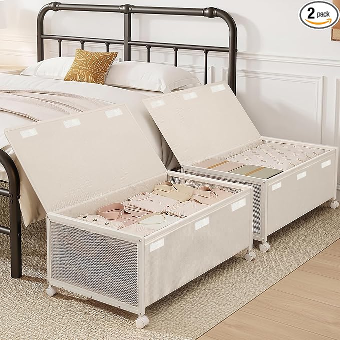 Fokyfok 2Pack Under Bed Storage Containers,12 inch Height,31 inch Long | Under Bed Shoe Storage,Underbed Storage with Wheels,Large Rolling under bed Clothes Storage Drawers,Lid,Dorm Tall,Ivory
