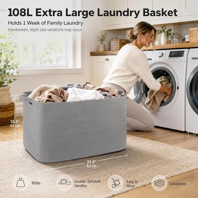 OIASKET 108L Extra Large Blanket Basket Living Room, 24.8" x 16.2" x 16.2" | Rectangle Woven Laundry Hamper, Nursery Blanket Storage Living Room, Toy Storage With Handle, Large Baskets for Organizing