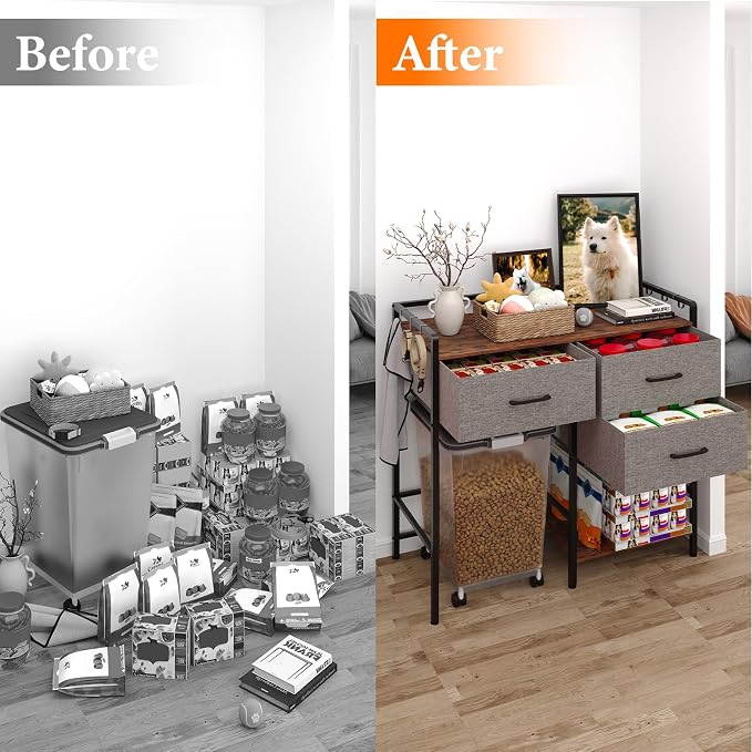 Extra Large Pet Storage Rack, Dog Food Storage Station with 3 Multi-Purpose Drawers & Side Hooks, Industrial Furniture Style Pet Supply Organizer, Fits Big Rolling Food Bins, Grey & Black