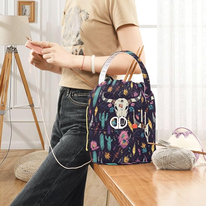 Fustylead Tribal Skull Cactus Western Skeleton Bull Crochet Drawstring Organizer, Large Yarn Bag Storage Tote Basket for Crocheting On The Go, Kit Holder, Gift for Knitter, Crochet Beginner