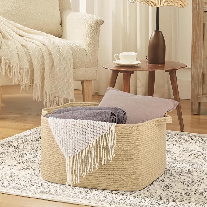 OIASKET Large Blanket Basket, Jute Blanket Storage Living Room, Rectangle Woven Baskets for Storage Toys, Towels, Dirty Clothes Organizer Bins (Jute)