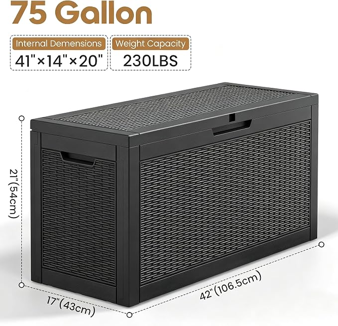 75 Gallon Outdoor Storage Box Waterproof Deck Box for Patio | Black, Resin, Weatherproof, Lockable, Compact, Easy Assembly, Patio Cushions Storage, Pool Garden Accessories Organization