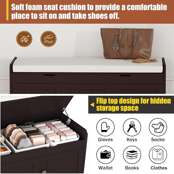 HOMEFORT 41.3" Shoe Bench with Lift Top Storage, Entryway Bench with Cushioned Seat, Wooden End of Bed Bench, Shoe Cabinet Bench with Hidden Storage Space, for Bedroom, Hallway,Espresso