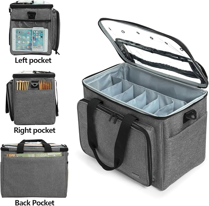Teamoy Knitting Bag, Yarn Storage Organizer Crochet Bag Tote, Gray | Yarn Holder with Inner Divider(Sewn to Bottom) for Crochet Hook, Knitting Needles(Up to 14"), Project and Crocheting Supplies