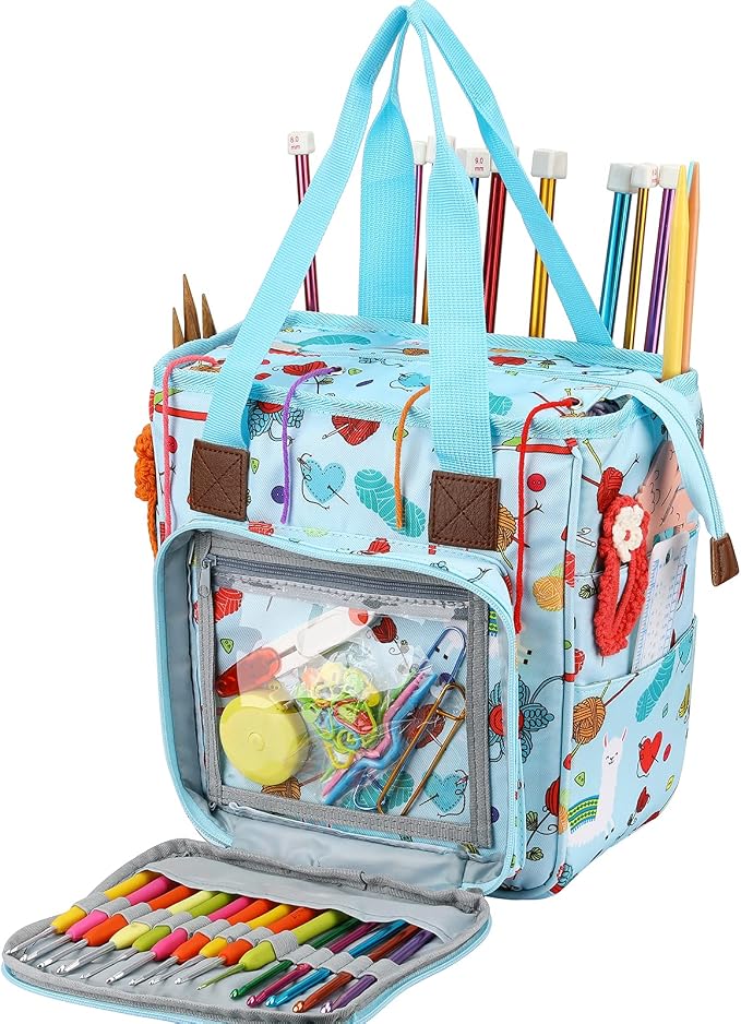 Yarn Knitting Storage Tote-Large Capacity Crochet Organizer Portable Travel Bag with Shoulder Strap Crochet Hooks Case for Unfinished Bulk Project