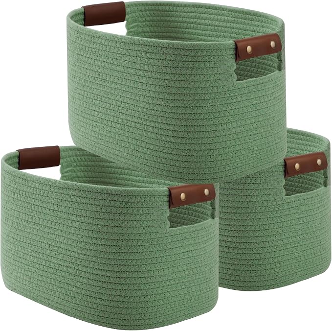 ECDYQXVU 15x10x9 Woven Cotton Rope Storage Basket, Leather Handles 3 Pack | Foldable Design, Sturdy PU Handles, Easy to Clean Organizer for Living Room, Closet, Shelves, Bedroom, Laundry, Clothes