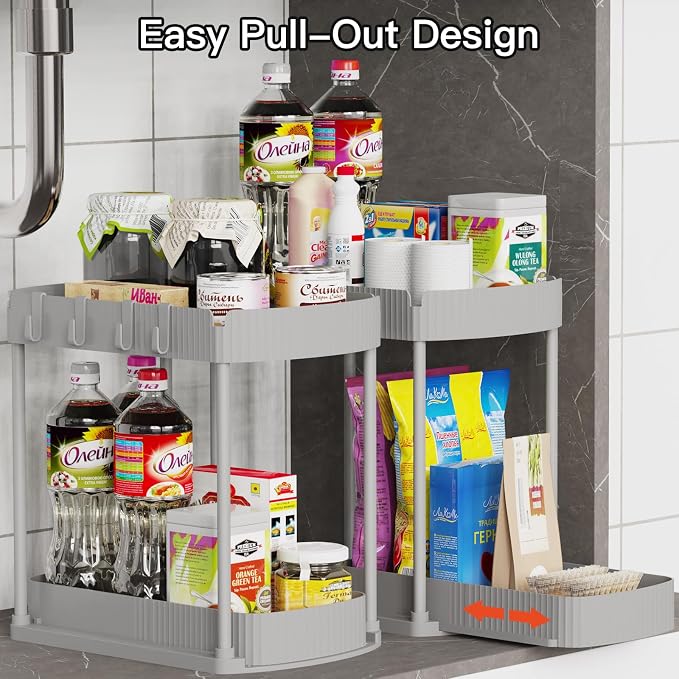 2 Packs Under Sink Pull-Out Storage Organizers, 12.8 Inches, Grey | Multi-Purpose Cabinet Organizers and Storage for Bathroom & Kitchen