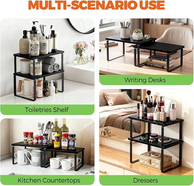 Cabinet Organizer Shelf, Kitchen Counter Shelf, Pantry Storage Riser | 4 Pack Natural Black & Black Beige Shelves with Metal Legs, Stackable Countertop Risers for Kitchen, Pantry & Cabinet Storage